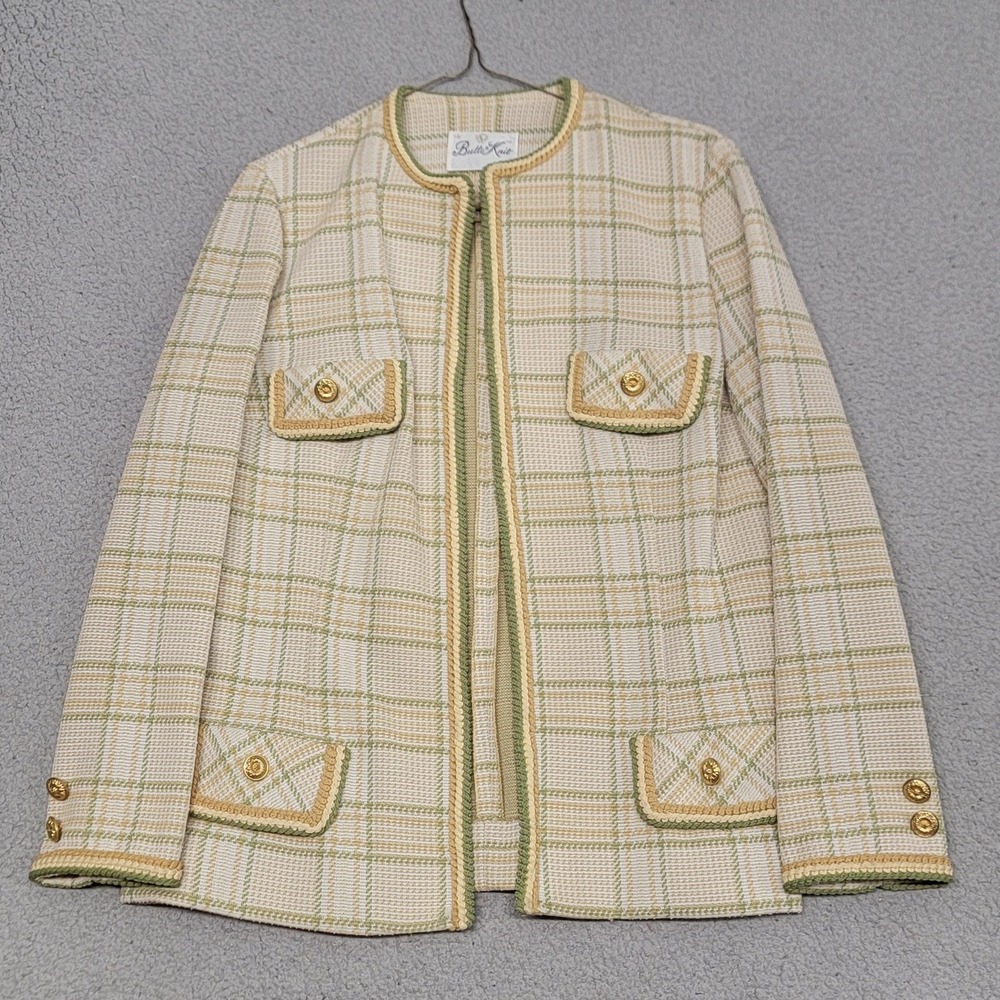 Vintage Butte Knit Blazer Womens Medium Beige Plaid Knit Collarless Gold Buttons